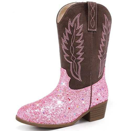 LAURMOSA Girls Pink Boots Zipper Pointed Toe Embroidered Toddler Cowgirl Boots Western Youth Cowboy Boots Cute Horse Riding Classic Party for Toddler Little Big Kids(L1029Pink 2)