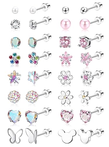 CASSIECA 16 Pairs Hypoallergenic Screw Back Earrings for Women Girls 316L Stainless Steel CZ Pearl Ball Heart Flower Screwback Flat Back Stud Earrings Jewelry Gift Women Multicolored Pink