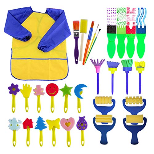 EVNEED Paint Sponges for Kids,29 pcs of Fun Paint Brushes for Toddlers.Coming with Sponge Brush, Flower Pattern Brush, Brush Set, Long Sleeve Waterproof Apron with 3 Roomy Pockets Colourful