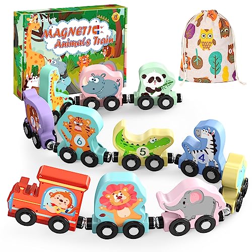 Zeoddler Toys for Toddlers, 11 Magnetic Wooden Animals Train Set, Montessori Toys for Toddlers, Preschool Learning Activities for Kids, Birthday Gifts for Boys, Girls