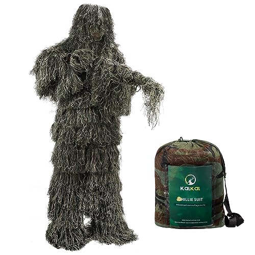 Kalkal Ghillie Suit, 5 in 1 3D Camouflage Hunting Apparel for Men, Double-Stitched Design | Woodland Camo, Adults Youth Gilly Suit for Jungle Hunting Wildlife Photography Halloween