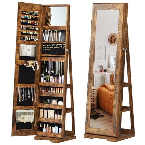 SDHYL Mirror Jewelry Cabinet Standing, 360° Swivel Mirror with Storage Full Length with Jewelry Storage，Jewelry Organizers and Storage Makeup Storage with Lock, Best Gift for Wife & Girls, 63'x15'