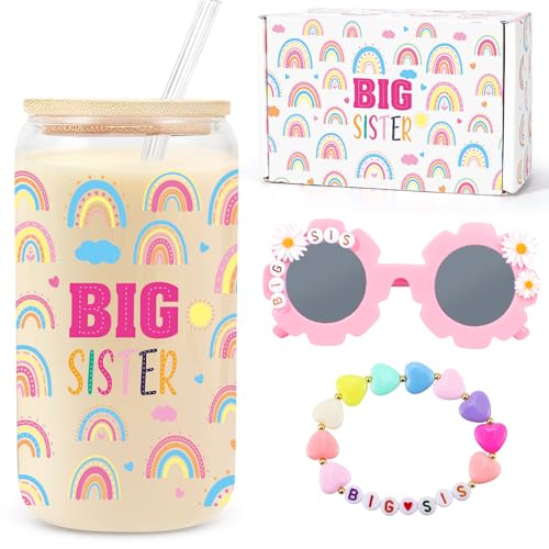 iAOVUEBY Big Sister Gifts for Girls, 3PCS Big Sister Gift Includes 16oz Sister Cup Sunglasses Bracelet Greeting Card Sibling Gift From New Baby, Big Sister Announcement Gifts for Little Girls Age 5-8