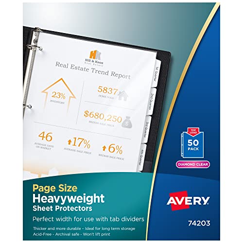 Avery Diamond Clear Page-Size Sheet Protectors, Pre-Punched for Use with Tab Dividers, Top Load, 50 Document Protectors (74203)