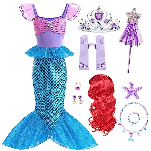 iTVTi Little Girls Mermaid Costume for Girls Princess Dress Up Ariel Outfits with Accessories Wig Birthday Party Halloween Cosplay, Blue, 4-5 Years(Tag 120)