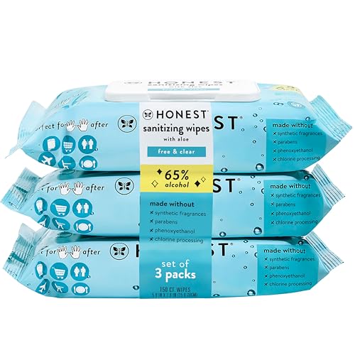 The Honest Company Sanitizing Alcohol Wipes | Kills 99% of Germs, Made With Aloe | Unscented, 150 Count (3 Packs of 50)