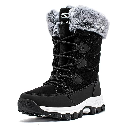 HOBIBEAR Boys Girls Winter Snow Boots Waterproof Insulated Faux Fur Lined Mid-Calf Booties (Black/New,6.5 Big Kid)