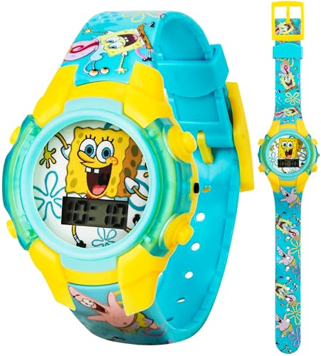 Accutime Nickelodeon Spongebob Squarepants Kids LCD Watch with LED Lights - Colorful Character Strap, Interactive Flashing Display, Comes in Collectible Tin Box