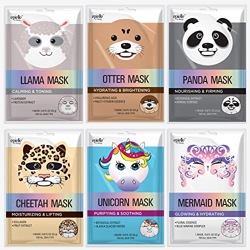 Epielle Animal Character Sheet Masks | Korean Spa Masks for All Skin Types | Kids Face Mask, Spa Gifts, Kids' Birthday Party, Girls' Night, Skincare Party | Assorted 6 Pack | Korean Skincare