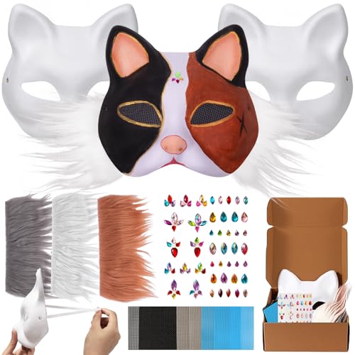 OPPKIE Cat Fox Mask 3PCS with Furs Eye Meshes and Gem Stickers, Therian Dress Up Masks to Paint, Animal Mask Arts Crafts Kit, Costume Masks for Halloween Masquerade Cosplay Party Interaction