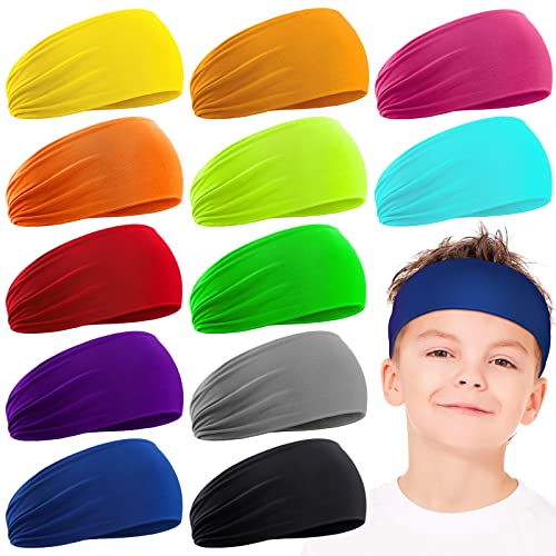 Zhanmai 12 Pieces Boys Headbands 16 Inch Kids Sweatbands, Soft Athletic Sports Head Sweatband for Kids Toddler, Wicking Elastic Hairband for Girls and Boys (Assorted Colors), Running