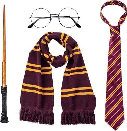 Spooktacular Creations Wizard Costume Accessories Set with Glasses, Tie, Wand and Scarf for Kids Adults Girls Boys Halloween Dress-up Party Cosplay Accessories