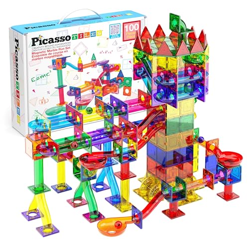 PicassoTiles Marble Run 100 Piece Magnetic Tile Race Track Toy Play Set STEM Building & Learning Educational Magnet Construction Child Brain Development Kit Boys Girls Age 3 4 5 6 7 8+ Years Old Toys