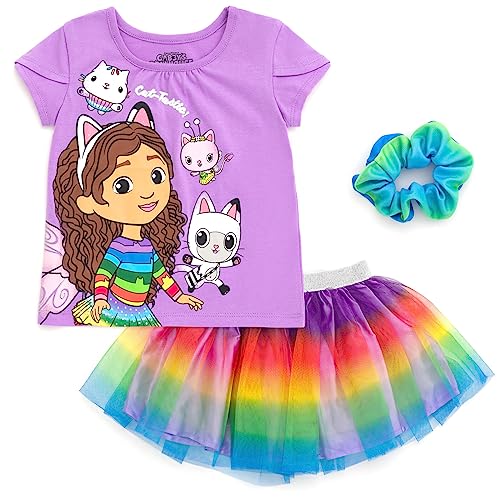 DREAMWORKS GABBY'S DOLLHOUSE Toddler Girls T-Shirt Tulle Mesh Skirt and Scrunchie 3 Piece Outfit Set Purple/Rainbow 5T