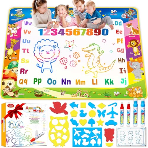 Water Doodle Mat Toys for Ages 2-4, 40 X 30 Inch Large Water Painting Doodle Drawing Mat, Toddler Toys for Age 3 4 5 6 7 Year Old Girls Boys Birthday Gift, Mess Free Coloring Painting Learning Toys