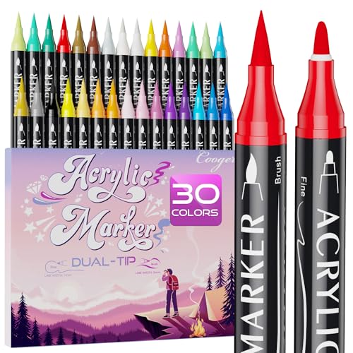 30 Colors Dual Tip Acrylic Paint Markers,Fine Tip and Brush Tip Permanent Acrylic Paint Pens For Rock Painting, Canvas, Wood, Glass, Ceramic, Fabric, Plastic, Egg, Scrapbook,Art Painting Supplies Kit