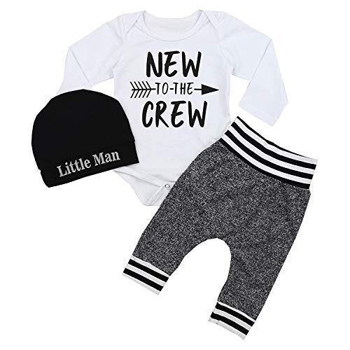 Baby Boy Clothes 0-3 Months Baby Clothes Boy New to The Crew Print Romper Pants Hat 3PCS Baby Boy Outfits White