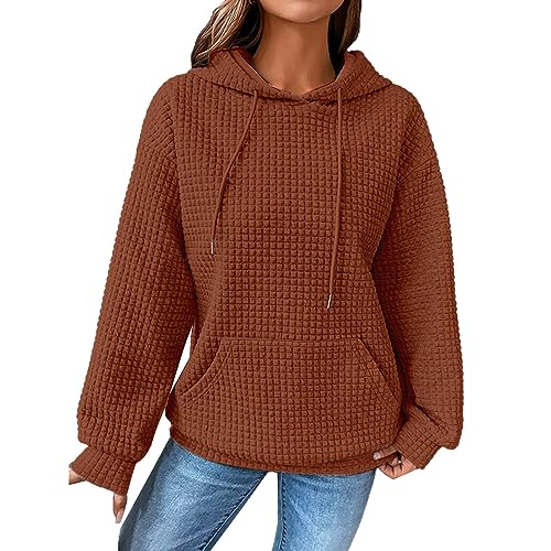 YFJRBR womens workout clothes Women Waffle Knit Trendy Hoodies Drawstring Pullover Sweatshirts Comfy Fall Clothes Outfits Fashion Casual Sweaters Brown L