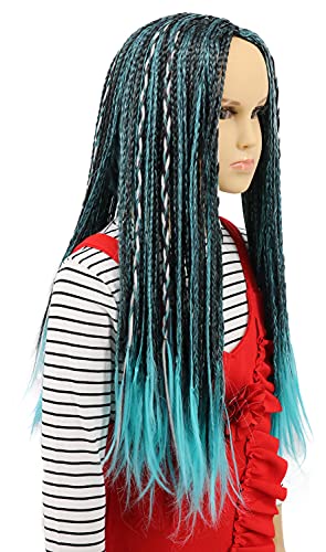 karlery Kids Girls Long Braid Blue and Black Mixed Wig Halloween Cosplay Wig Anime Costume Party Wig