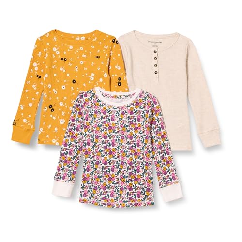 Amazon Essentials Girls' Long-Sleeve Knit Thermal T-Shirt, Pack of 3, Beige/Mustard Yellow Floral/White Floral Print, Medium