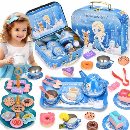 Lajeje 52Pcs Tea Party Set for Little Girls-Frozen Toys for Girls, Elsa Princess Tea Party Set for Little Girls, Kitchen Pretend Toy with Tin Tea Set, Desserts, Birthday Gift for Age 3-6 Year Olds