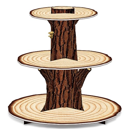 Wooden Cupcake Stand Decoration 3 Tier Western Party Cake Holder Woodland Baby Shower Rustic Wood Cupcake Stand Decor for Camping Birthday Party Woodland Animals Hunting Forest Safari Party Supplies