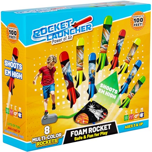 Toys Rocket Launcher for Kids - Launch up to 100 Ft, 8 Multi-Color Foam Rockets & Adjustable Launch Stand, Kids Outdoor Toys, Birthday Toys for Kids Boys Girls Age 3+ Years Old