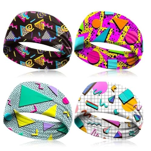 4 Pack 80s 90s Neon Headbands Outfit Accessories for Women Men Retro Vintage Fashion Sweatbands 90s Athletic Elastic Hairband for Hip Hop Party Style Hiking Cycling Running