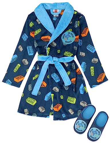 LEGO Pajama Robe for Boys, Sleepwear Robe and Slipper Set, Navy Print, Size 8