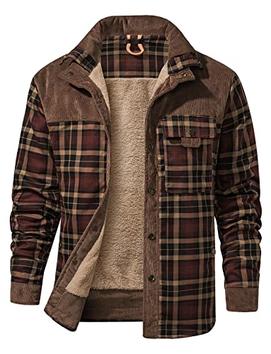 Haellun Men's Long Sleeve Sherpa Lined Shirt Jacket Flannel Plaid Fleece Coats (Large, Coffee)