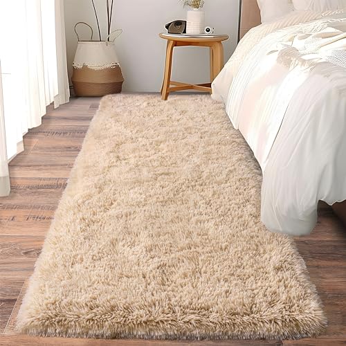 Ailyei Soft Runner Rugs for Bedroom Hallways, 2x6 Beige Fluffy Shag Throw Area Rug Non Slip for Bedside Dorm, Long Shaggy Furry Carpet for Nursery Living Room