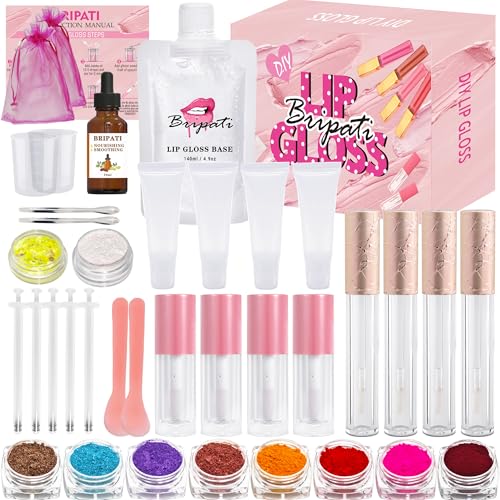 BRIPATI DIY Lip Gloss Making Kit, 46PCS DIY Lip Gloss Kit to Make Your Own Lip Gloss, Moisturizing Lip Glaze Handmade Set, Beginner Lip Gloss Kit, Lip Gloss Making Supplies Set for Women Girls