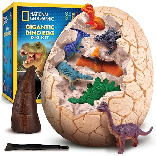 National Geographic Jumbo Dinosaur Egg Dig Kit - Dig Out 12 Dino Figures & Replica T. Rex Tooth from Giant 6' Egg, Dino Egg, Jumbo Egg, Giant Egg, Dinosaur Egg Toys, Educational Science Kits