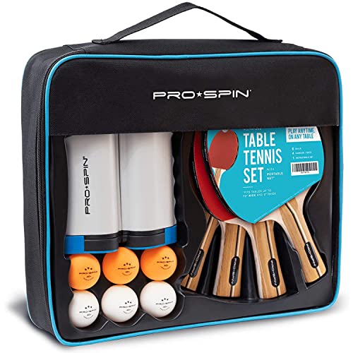 PRO SPIN All-in-One Ping Pong Set - Retractable Ping Pong Net for Any Table (72'), Ping Pong Paddles and Balls, Storage Case - Portable Table Tennis Gifts for Boys & Girls (4-Player Set)