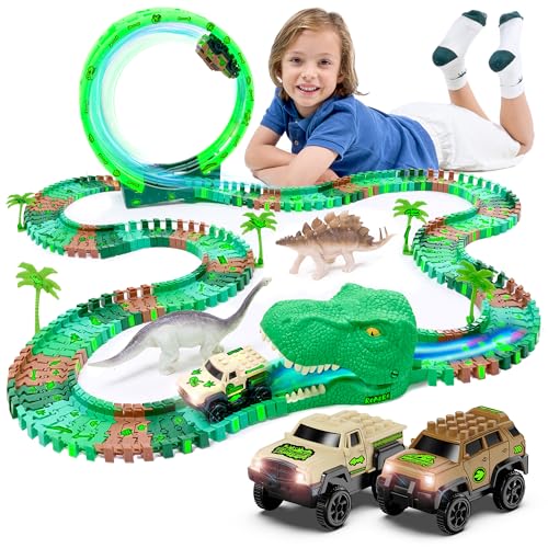 JITTERYGIT Dinosaur Jurassic Race Track Train Glow in The Dark World Toy Set, Kids Dino Racetrack Park Includes T-Rex & Triceratops Playset - Best Birthday Gift for Boys & Girls 3 4 5 6 7 8 Year Old