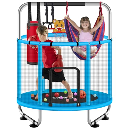 ZCMHAXJ Trampoline for Kids, 55' Toddler Trampoline Indoor & Outdoor, 440lbs Capacity Baby Trampoline with Enclosure, Mini Trampoline with Adjustable Gymnastics Bar&7 Toys, Gifts for Boys&Girls