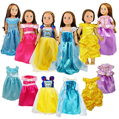 18 inch Doll Clothes Accessories -6Pcs Different Princess Costume Include Bella,Cinderella,Snow White,Rapunzel,Princess Elsa and Aurora Fits All 18 inch Girl Dolls