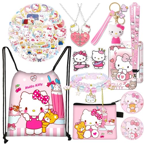 TGECTP Cute Kawaii Kitty Stuff Gift Set, Including Drawstring Bag Coin Wallet Bracelet Keychain Necklaces Button Pins Stickers Lanyard for Kids Teens Adults