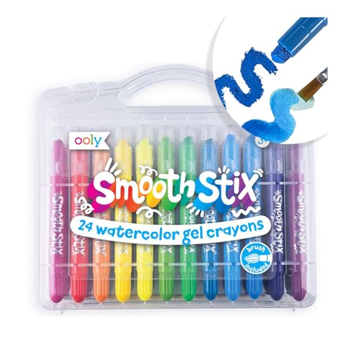 Ooly Smooth Stix Gel Crayons for Kids and Adults with Paint Brush - Set of 24 Watercolor Rainbow Crayons for Glass and Paper with Clear Plastic Crayon Case - Easy To Clean Twist-Up Gel Crayon Set