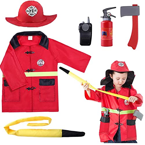 iPlay, iLearn Kids Firefighter Costume, Toddler Fireman Dress up, Fire Pretend Chief Outfit, Halloween Role Play Career Suit W/ Walkie Talkie Hose, Party Birthday Gift for 3 4 5 6 7 Year Old Boy Girl