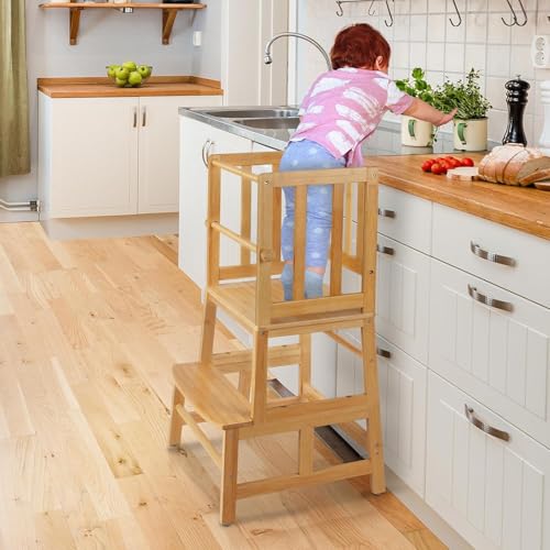 COSYLAND Kids Kitchen Step Stool，Toddler Standing Tower with CPC Certification, Removable Anti-Drop Railing Safety Rail Enjoys Unique Patented Design A Anti-tip Structure More Stable, Natural Bamboo