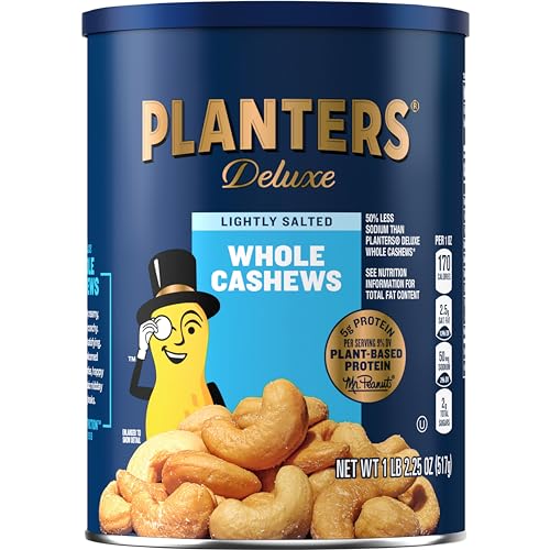 PLANTERS Deluxe Lightly Salted Whole Cashews, Party Snacks, Plant-Based Protein, Quick Snack for Adults, After School Snack, Roasted Cashew, Flavored with Sea Salt, Kosher, 1lb 2.25oz Canister