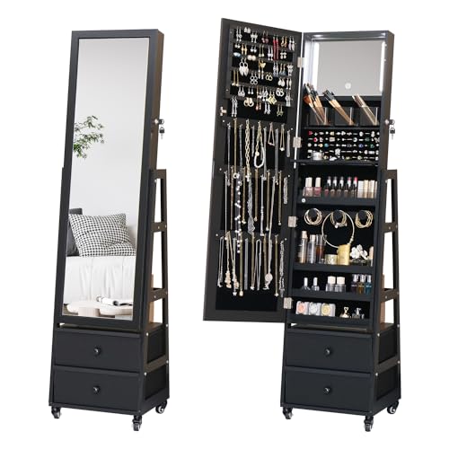 MASMIRE Jewelry Cabinet with Mirror,Full Length Mirror Large Capacity Jewelry Organizer Armoire,Floor Standing Mirror with Back Storage Shelves for Bedroom Black