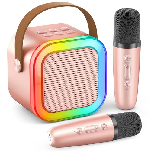 Karaoke Machine for Kids Adults, Portable Bluetooth Mini Karaoke Microphone Singing Speaker with 2 Wireless Mic and Light,Toys for All Smartphones,Birthday, Family,Home Party (Rose Gold)