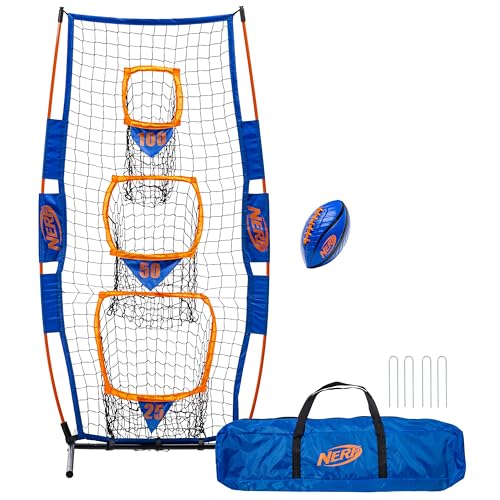 NERF Pro Pass Football Target Toss Net - Kids Football Passing Game Set - 5' x 2' Target Net with Ground Stakes + (1) Junior 8.5' Inch Football Included - Indoor + Outdoor Youth Football Game