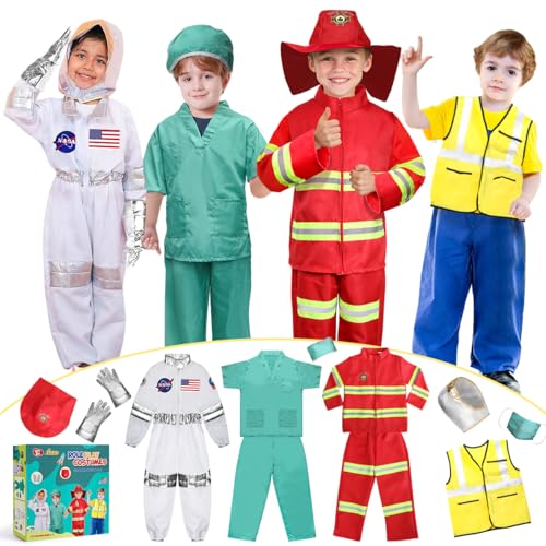 LOYO Kids Role Play Dress Up Clothes for 3-8 Years Old Play, 4 Sets Astronaut/Doctor/Fireman/Construction Costume for Kids And Toddlers Boys Halloween Costumes