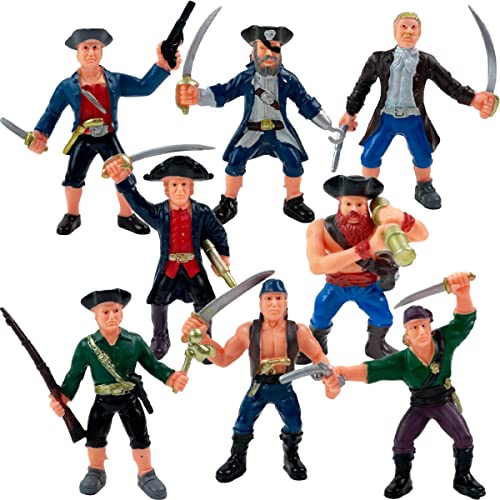 8 Piece Pirate Action Figures Playset in Assorted Poses and Weapons, Fun Pirate Men Party Favor for Kids (3.5 inch)