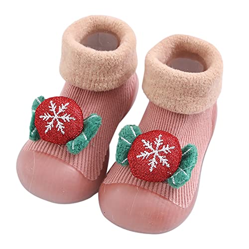 Christmas Sock Shoes for Baby Boy Girls Cartoon Soft Rubber Sole Non Slip Cute Indoor Floor Slipper Toddler Infant Slip On First Walking Trainers Shoe Pink