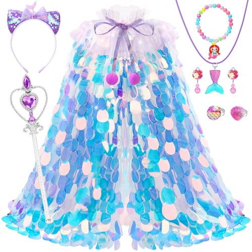 Princess Dress Up for Girls 4-6, Mermaid Toddler Toys for Ages 3-8, 8 Pcs Shiny Sequin Princess Cape Set Kids Toys, Princess Girl Toys for Easter Halloween Birthday Christmas Gifts Party Favors