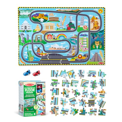 Melissa & Doug Race Around the World Tracks Cardboard Jigsaw Floor Puzzle and Wind-Up Vehicles – 48 Pieces, for Boys and Girls 4+ - FSC Certified